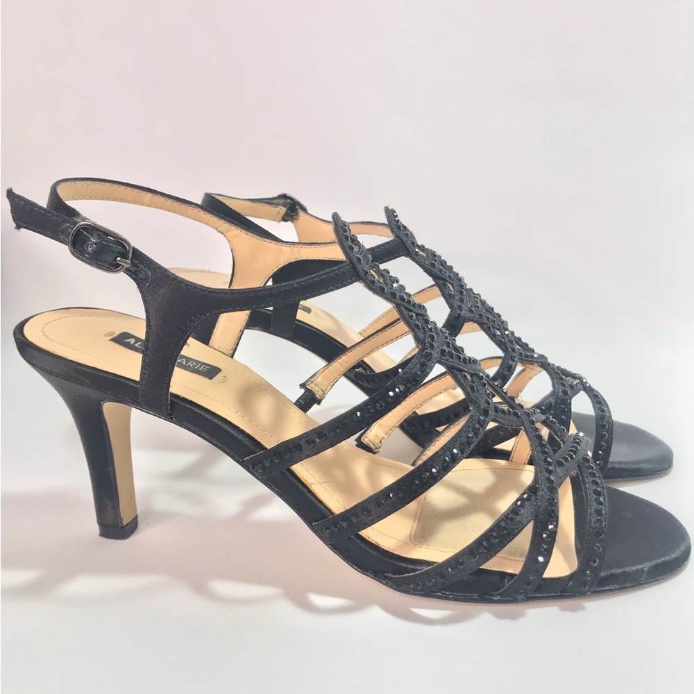 Alex Marie Giani Black Satin and Rhinestone Studded Strappy Sandals - Picture 15 of 16